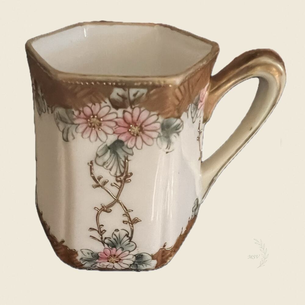 Antique Nippon Hand Painted Moriage Hexagonal Floral Chocolate Cup